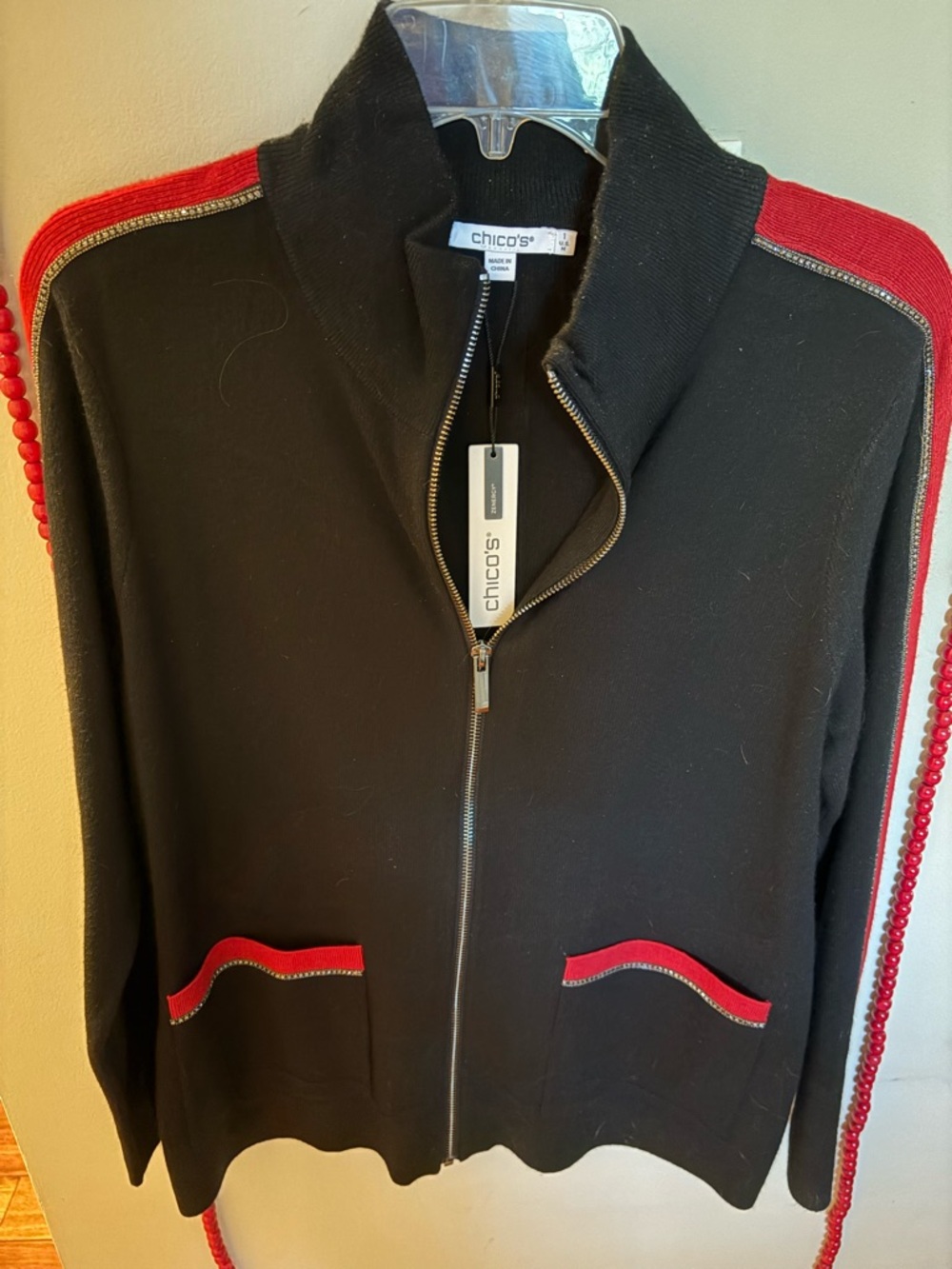 Chico's Black Zip Front Cardigan with Red Trim